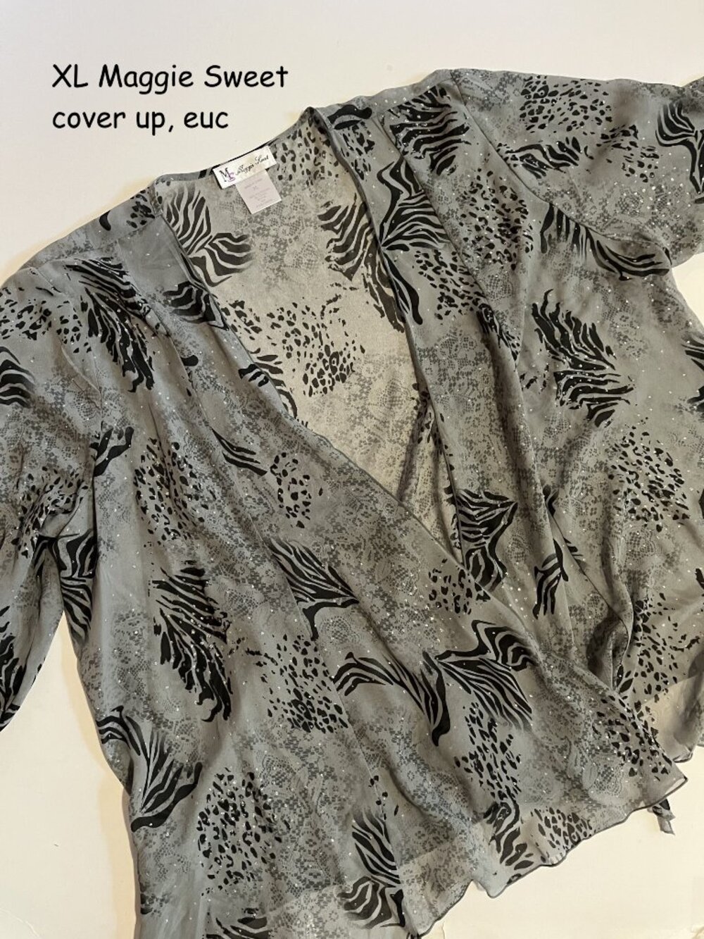 XL Maggie Sweet kimono cover-up, grey with black tiger stripes, sparkly